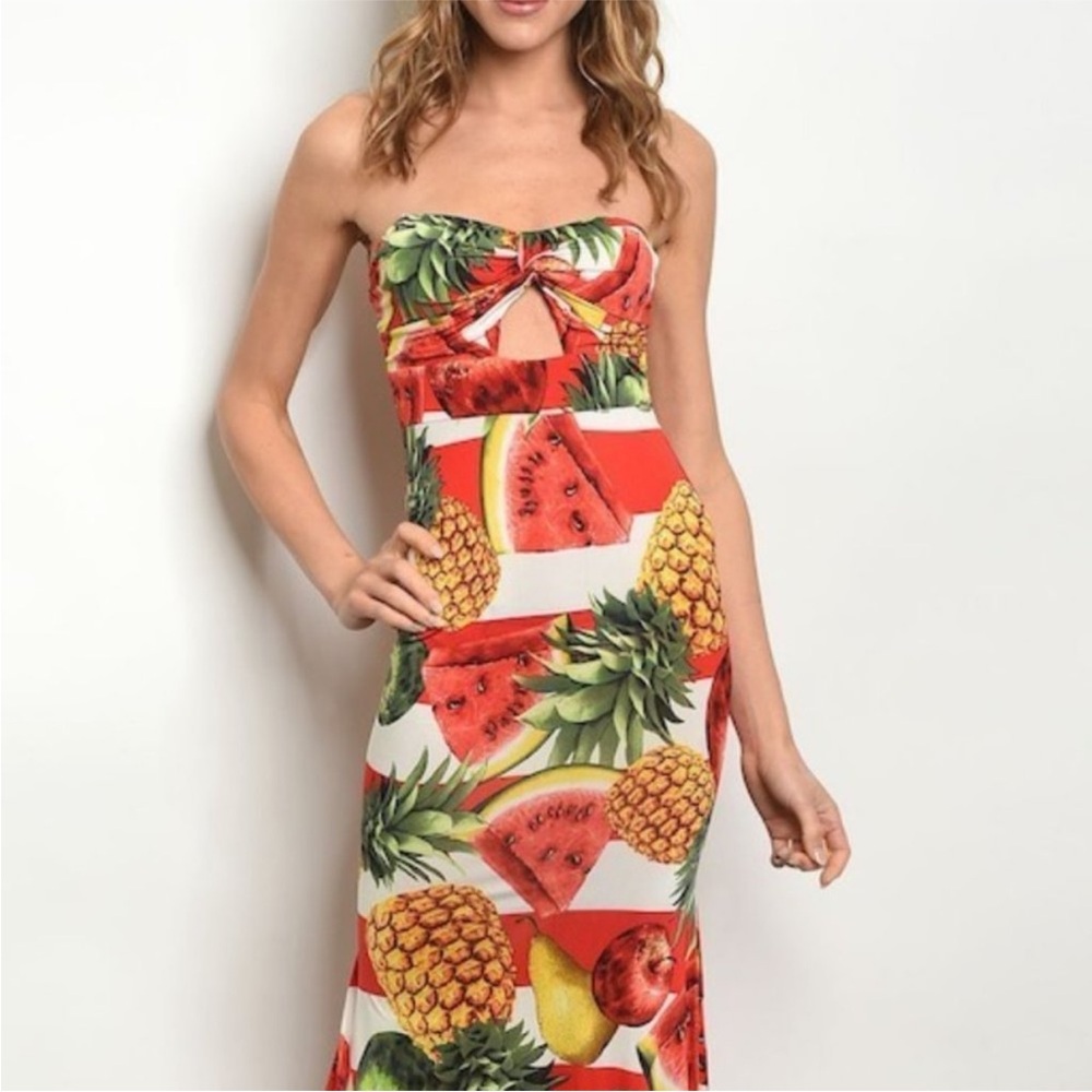 Kimcine Curve Tropical Fruit Print Strapless Dress
